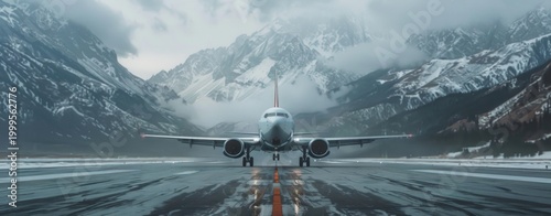 An airplane landing on the runway with mountains in background.