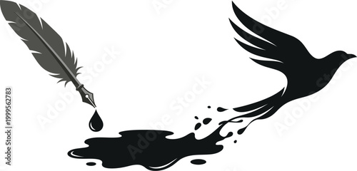 Feather quill pen with ink drop and bird silhouette emerging from ink splatter