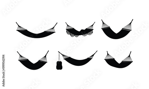 Various hammock styles for rest and relaxation vector silhouette line art graphic set.