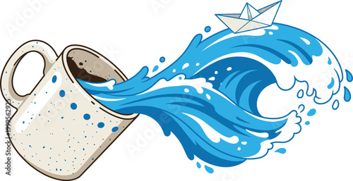 Coffee mug overflowing with a wave and a paper boat, symbolizing imagination and creative flow.