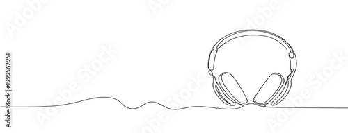 Single line drawing of headphones with wavy cord audio