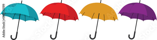 Colorful Flat Cartoon Umbrella Set in Teal, Red, Yellow, and Purple for Rain, Weather, and Season Design