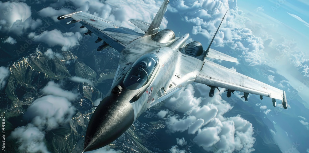 Fototapeta premium Fighter jet flying over the sky, top-down view.