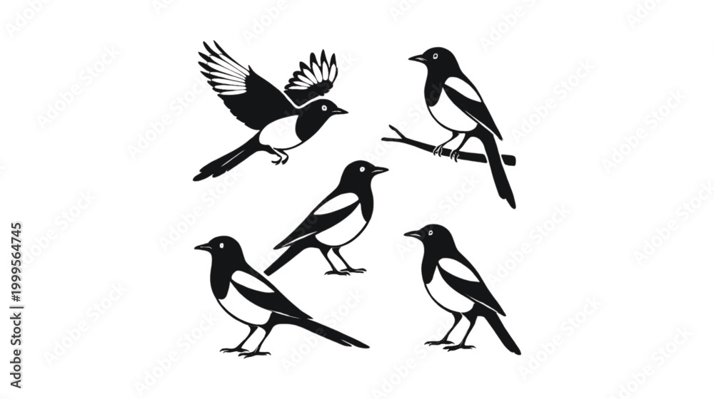 Obraz premium A collection of magpie birds depicted in various illustrative poses.