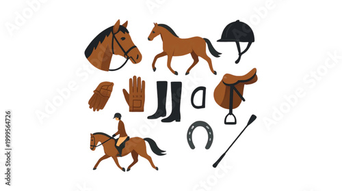 A comprehensive collection of flat design icons for horse riding.