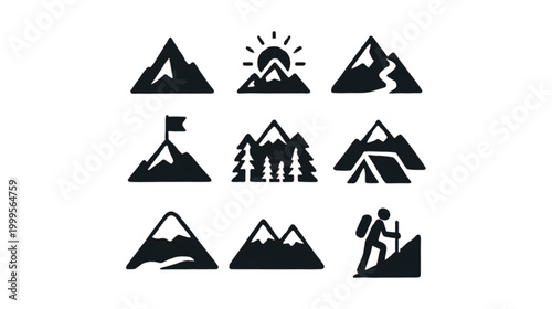 A versatile collection of black mountain and outdoor activity icons.