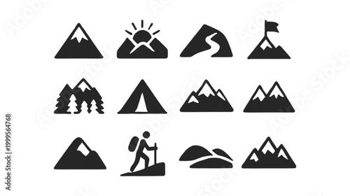 A comprehensive collection of black mountain and outdoor exploration icons.