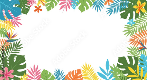 Tropical Leaves and Flowers Frame, Exotic Summer Border, Vibrant Colors