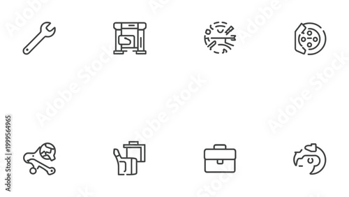 Icon Array of Technology and Industry Elements: A collection of meticulously crafted icons represents the essence of technology and industrial elements, presented in a clean, crisp.