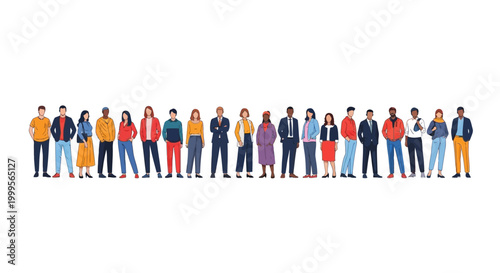 Diverse group of people standing in a line, illustration of multicultural crowd