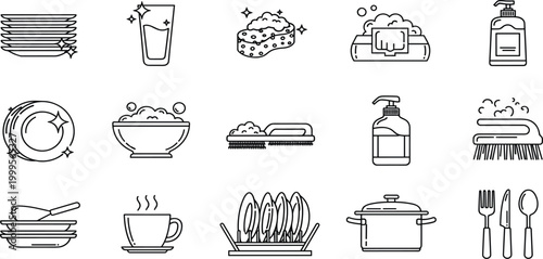 Kitchen Cleaning Icon Set with Plates Sponge Soap Brush Wipes Dish Rack Pot Cutlery and Hygiene Symbols Collection