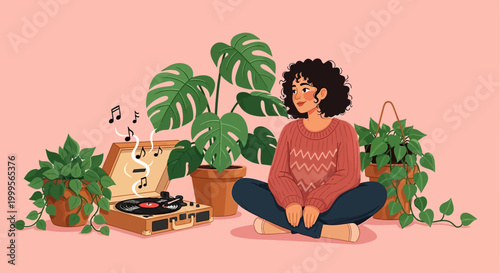 relaxed woman sitting with plants and record player
