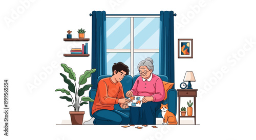 Young woman serving tea to elderly mother at home with warm sunlight and cozy decor