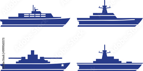 Set of four dark blue warships, naval vessels boats