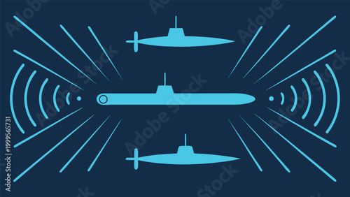 Of three submarines underwater, emitting sonar waves