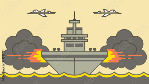 Aircraft carrier under attack, missile boats firing, intense sea battle