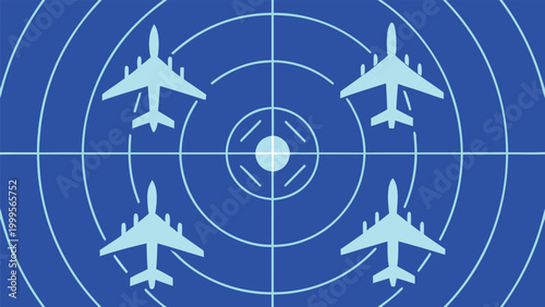Radar screen with four jet fighters, blue background