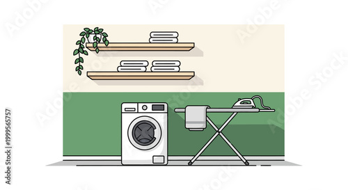 Modern laundry room with washing machine, drying rack, and clean towels on shelves