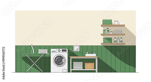 Laundry room interior with washing machine and green paneling