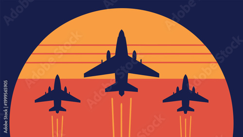 Silhouette of three fighter jets dogfighting against an orange sunset background