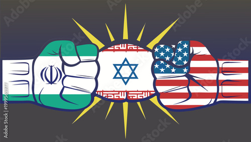 Photos Three fists painted with iran, israel, and usa flags in confrontation