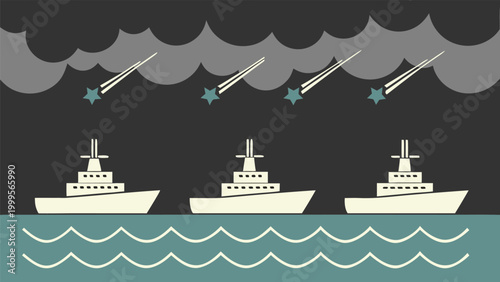 Warships and missiles over water, nighttime scene clouds