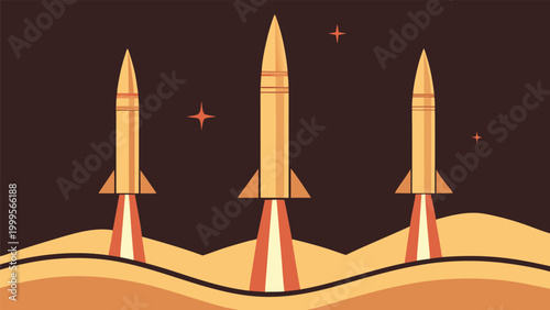 Three cartoon ballistic missiles launching from desert landscape, night sky