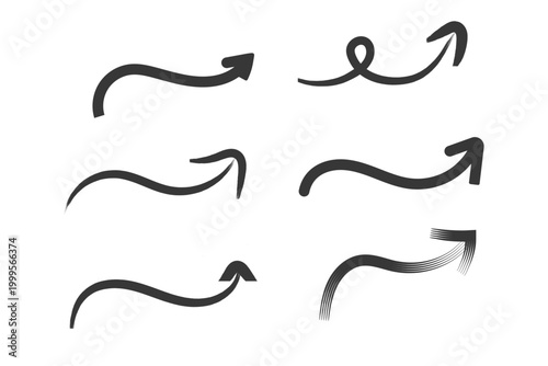 Arrow vector set with hand-drawn, black, hand-painted brush stroke pointers

