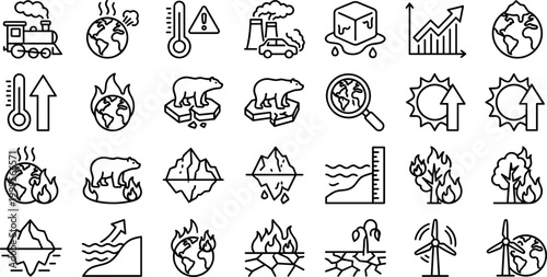 Comprehensive collection of global warming and climate change line icons featuring melting icebergs, polar bears, forest fires, and renewable energy symbols for environmental awareness and sustainabil