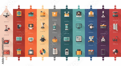Collection of diverse flat design icons representing various concepts and industries.