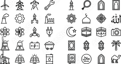 Comprehensive collection of industrial energy and Islamic culture line icons featuring renewable power, factory manufacturing, mosque architecture, and religious symbols for diverse global graphic des