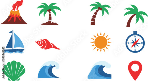 Set of colorful summer vacation travel icons featuring palm trees sailboat volcano sun seashell ocean wave and map pin