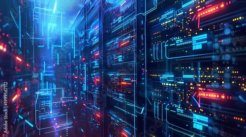 Futuristic Neon Library: Digital Data, Cybersecurity, and Technology in a Vibrant Sci-Fi Landscape