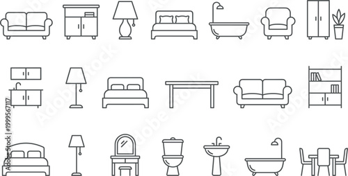 Comprehensive home furniture and interior design line icons set featuring sofas, beds, lamps, bathroom fixtures, and kitchen cabinets for real estate, hospitality, and residential architectural brandi