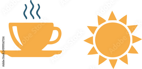 Simple flat vector icon of a hot coffee cup with steam and a bright yellow sun representing a perfect morning breakfast