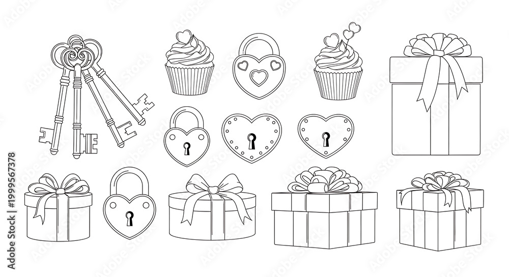 Fototapeta premium Valentine's Day icons, love symbols, gifts, and treats, heart shapes, romantic elements isolated PNG with Transparent Background