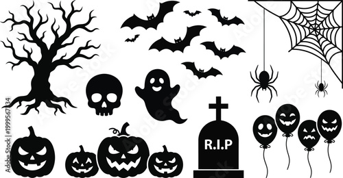 Black halloween icons on white background for decoration and design