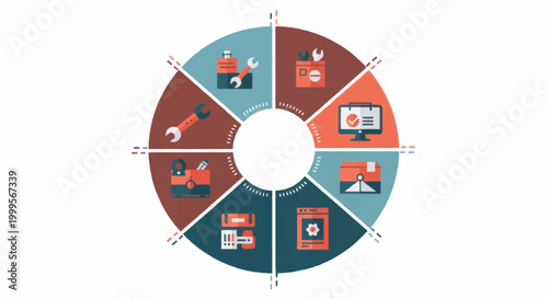Circular infographic diagram with icons representing business and industry concepts.