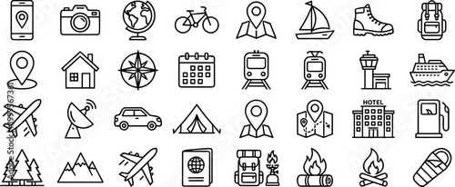 Comprehensive travel and outdoor camping line icons set featuring transportation, navigation maps, camping equipment, and tourism symbols for professional vacation planning and mobile application inte