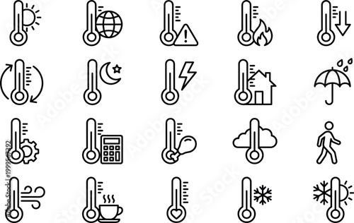 Comprehensive weather and climate line icons set featuring thermometers with sun, clouds, global warming symbols, and meteorology forecasts for environmental web and app design.
