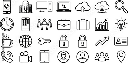 Professional business and technology line icons set featuring office management, corporate communication, digital hardware, and financial growth symbols for modern web design and infographic presentat