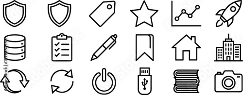 Versatile business and technology line icons set featuring security shields, data storage, startup rockets, financial charts, and office tools for professional corporate branding and web application u