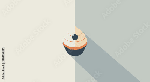 A single cupcake with a blueberry topping, presented in a minimalist flat illustration style with long shadows, against a divided light and dark background
