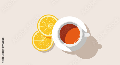 Minimalist flat lay illustration of a steaming cup of hot tea alongside vibrant lemon slices, perfect for health, wellness, and cozy beverage concepts
