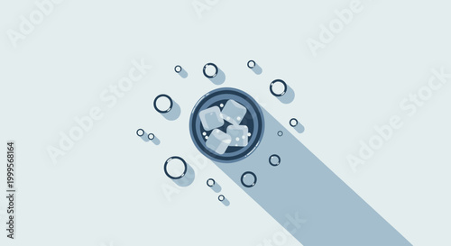 Minimalist flat design illustration of a refreshing glass of water with ice cubes and cool water droplets, perfect for summer hydration and crisp aesthetics