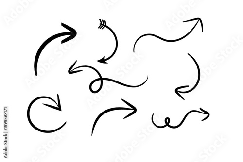 Arrow vector set with hand-drawn, black, hand-painted brush stroke pointers

