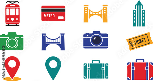 Set of colorful travel and tourism icons featuring tram metro card bridge building camera ticket location pin and suitcase