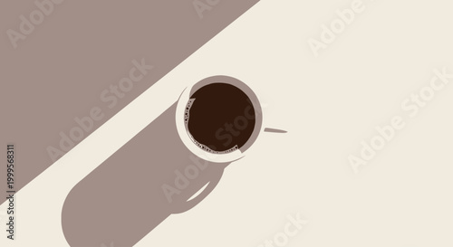 A minimalist overhead shot of a freshly brewed cup of coffee casting a shadow on a neutral surface, creating a tranquil mood