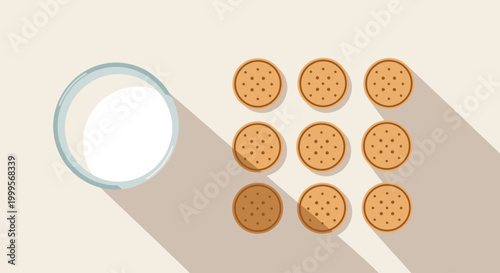 Top-down flat lay illustration of a refreshing glass of white milk alongside a neat grid of nine golden-brown round biscuits, perfect for a cozy snack or breakfast scene