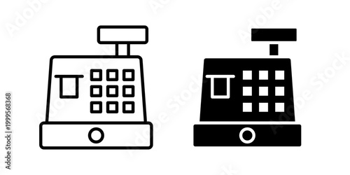 Cash register icon in solid fill style, displayed in black on white background. Ideal for retail, billing, checkout systems, and point-of-sale interfaces.